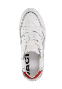 White leather sneaker with a smooth texture, featuring silver accents, perforated toe box, and red detail on the heel. Black branding inside.