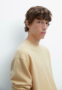 Beige knit sweater made of soft fabric, featuring a crew neckline and relaxed fit. Smooth texture with subtle stitching details.