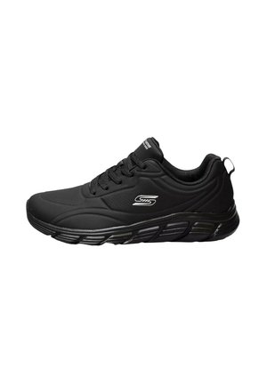 Scarpa sportiva nera con lacci anteriori, suola imbottita e logo bianco sul lato, mostrata su sfondo bianco.