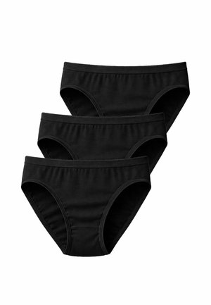 Three black cotton brief-style underwear neatly stacked on a white background.