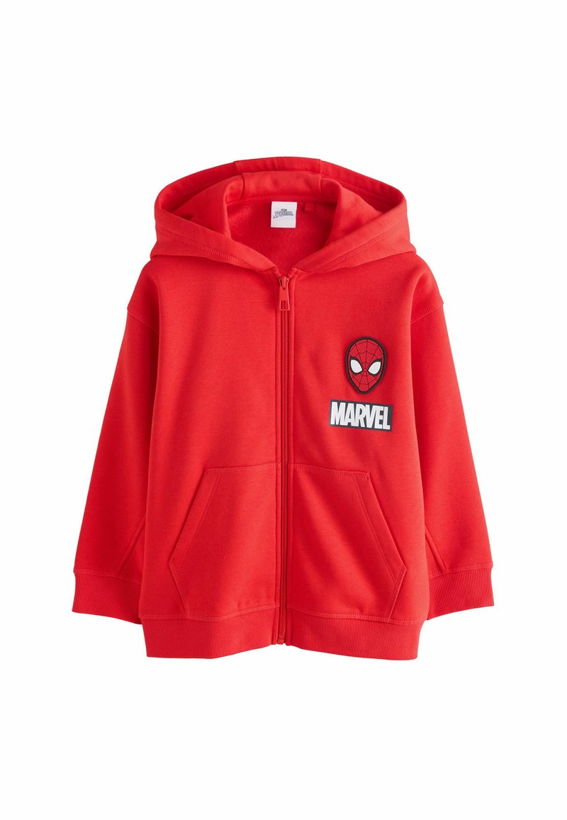 Sarkans zip-up kapuci, kas izgatavota no mīkstas auduma, ar Spider-Man logo un "MARVEL" tekstu priekšā. Iekļautas divas priekšējās kabatas.
