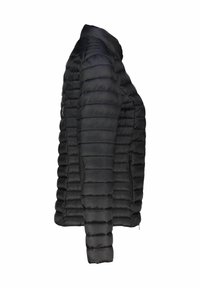 Czarna kurtka puchowa o eleganckim kroju z poziomymi przeszyciami, zamykanymi na zamek bocznymi kieszeniami oraz wysokim kołnierzem zapewniającym ciepło.
