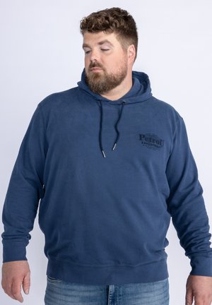 Marineblauwe katoenen sweatshirt met capuchon, voorzien van een logo-opdruk aan de voorkant, verstelbare trekkoord en ribgebreide manchetten en onderkant.