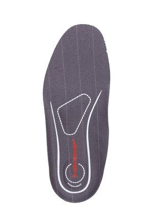 Dunkelgraue Dunlop-Schuhsohle mit weißen Steppnähten und rotem Logo, für maximalen Komfort entworfen, aus der Vogelperspektive dargestellt.