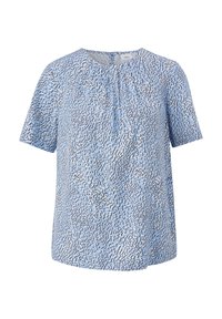 Blouse à manches courtes en tissu bleu clair avec un motif abstrait noir et blanc. Dotée d'un col rond et de détails froncés.