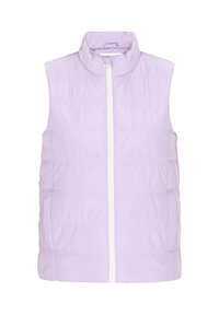 Lila Puffer-Weste mit hohem Kragen, Frontreißverschluss und horizontalem Steppmuster. Hergestellt aus leichtem Stoff, ohne Ärmel.