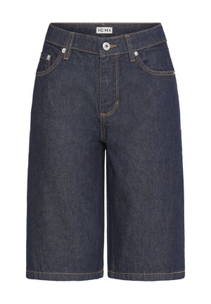 Donkerblauwe denim knielange korte broek met knopen aan de voorkant, riemlussen en een ontwerp met vijf zakken, voorzien van het label "ICHI" op de tailleband.