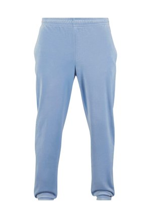 Pantaloni jogger azzurri chiari realizzati in tessuto morbido, con cintura elasticizzata e polsini, caratterizzati da una texture liscia e una vestibilità comoda.