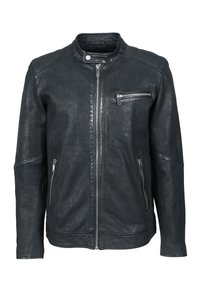 Chaqueta de cuero negro con cuello recto, cierre frontal de cremallera y bolsillos con cremallera en el pecho y los laterales. Textura suave con un detalle mínimo.