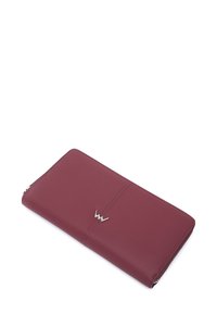 Burgundy leather wallet with a slim, rectangular design, featuring a silver logo and zipper closure, smooth texture, and minimalistic stitching.
