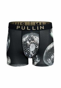 Boxer noir avec un motif boule disco, ceinture élastique avec "PULLIN" en or, tissu extensible et coupe ajustée.