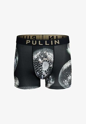 Boxer noir avec un motif boule disco, ceinture élastique avec "PULLIN" en or, tissu extensible et coupe ajustée.