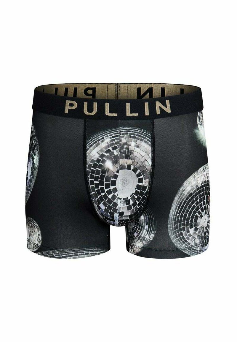 Boxer noir avec un motif boule disco, ceinture élastique avec "PULLIN" en or, tissu extensible et coupe ajustée.