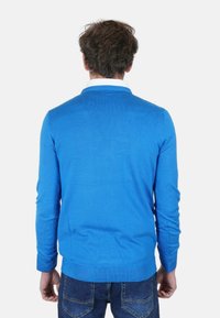 Maglione leggero blu con scollo rotondo, polsini e orlo a coste, dalla trama liscia, indossato sopra una camicia bianca con colletto, visto da dietro.