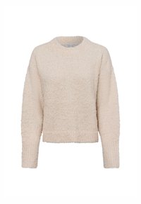 Flauschiger, hellcremefarbener Pullover mit rundem Halsausschnitt und langen Ärmeln. Er zeichnet sich durch ein strukturiertes Strickmuster und einen geraden Saum aus.