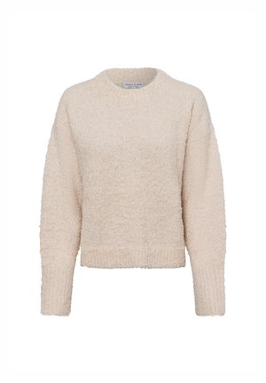 Flauschiger, hellcremefarbener Pullover mit rundem Halsausschnitt und langen Ärmeln. Er zeichnet sich durch ein strukturiertes Strickmuster und einen geraden Saum aus.