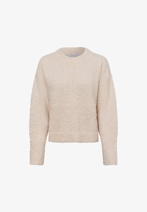 Fuzzy, light cream sweater with a round neckline and long sleeves. It features a textured knit and a straight hem.