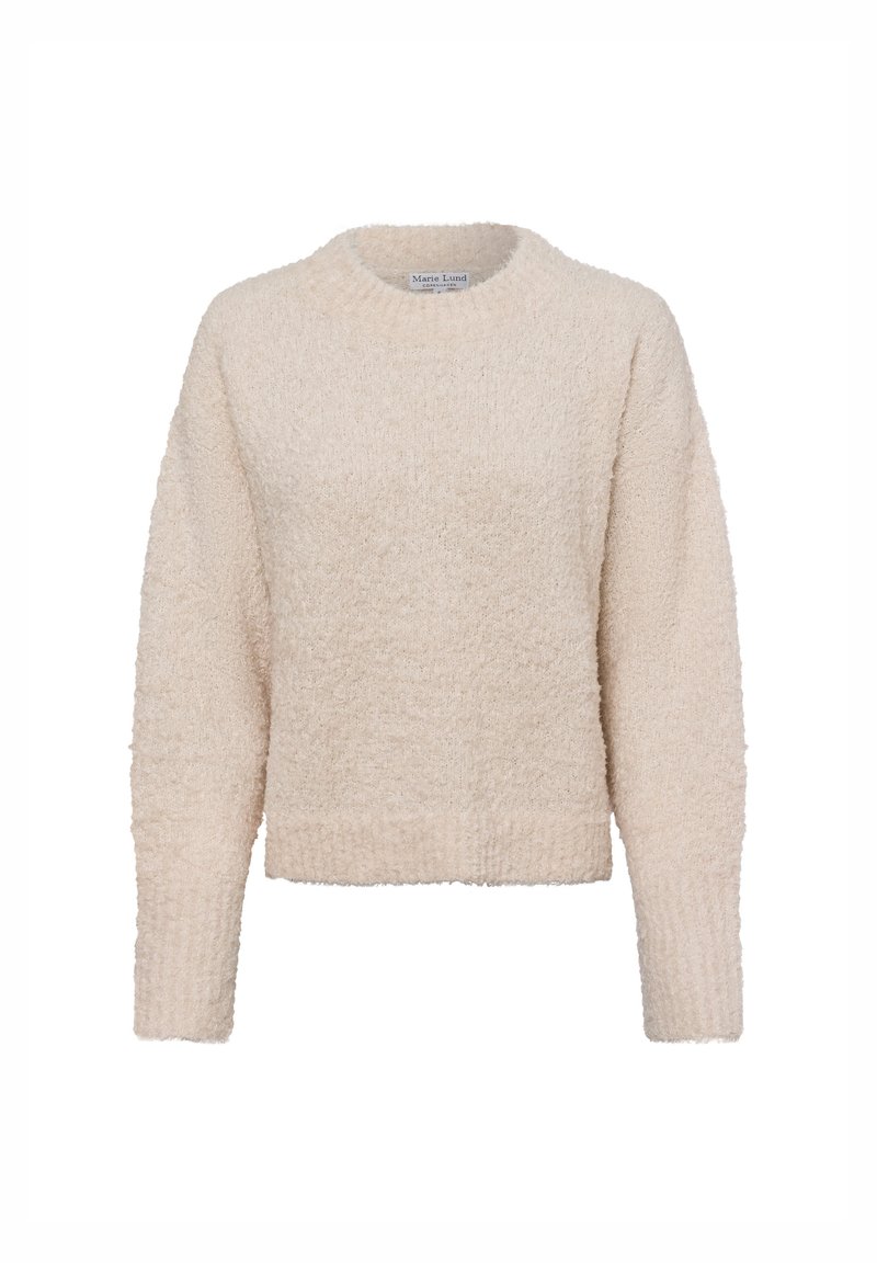Flauschiger, hellcremefarbener Pullover mit rundem Halsausschnitt und langen Ärmeln. Er zeichnet sich durch ein strukturiertes Strickmuster und einen geraden Saum aus.