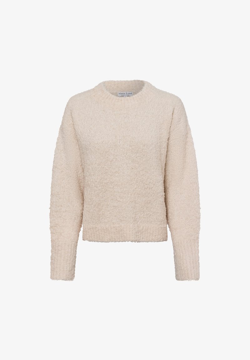 Flauschiger, hellcremefarbener Pullover mit rundem Halsausschnitt und langen Ärmeln. Er zeichnet sich durch ein strukturiertes Strickmuster und einen geraden Saum aus.