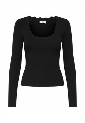 Top nero a maniche lunghe con motivo a costine, scollatura ondulata, design aderente e texture liscia. Etichetta visibile all'interno del colletto.