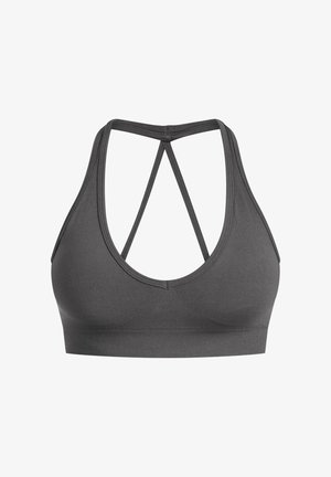 Grijze sportbeha met racerback ontwerp, gemaakt van rekbaar materiaal. Kenmerken zijn naadloze constructie en een soepele textuur.