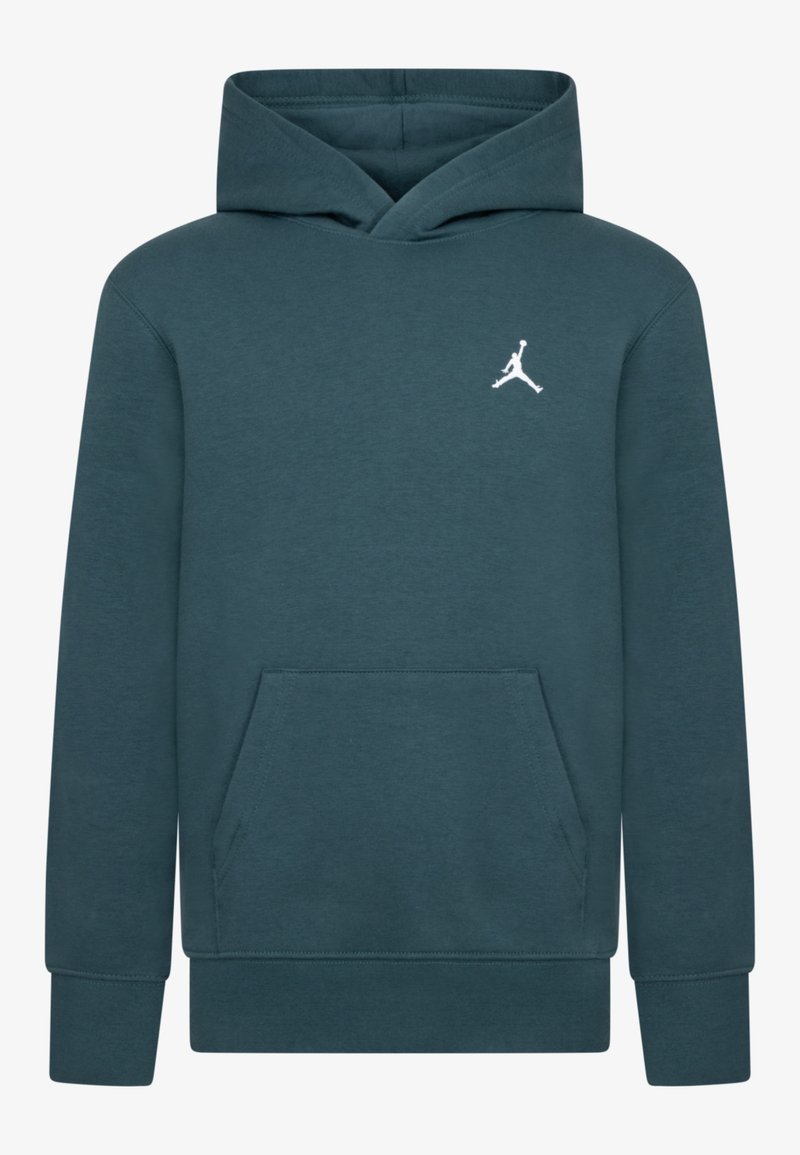 Sweat à capuche bleu sarcelle foncé avec poche kangourou à l'avant et petit logo blanc Jumpman sur le côté gauche de la poitrine.