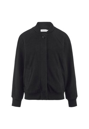 Zwarte fleece bomberjack met een ronde kraag, knoopsluiting en twee voorkanten zakken. Heeft ribgebreide manchetten en zoom. Relaxed fit.