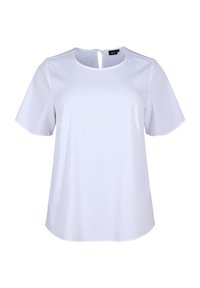 Blusa bianca a maniche corte con scollatura rotonda e un'apertura a forma di chiave sul retro. Presenta una texture liscia e una vestibilità fluida e rilassata.