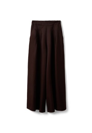 Pantalon large marron foncé avec taille haute élastique et plis, conçu pour une coupe décontractée et confortable.