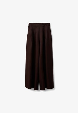 Pantalon large marron foncé avec taille haute élastique et plis, conçu pour une coupe décontractée et confortable.