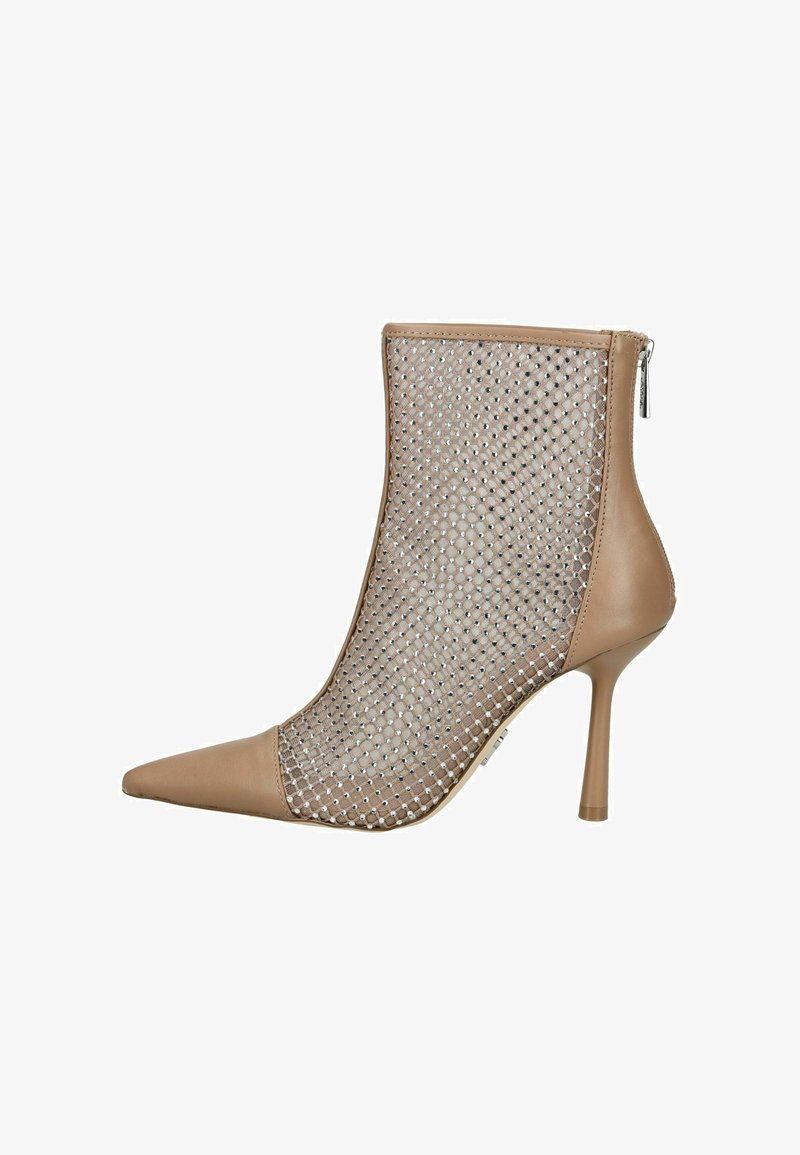 Beige pointed-toe ankle boot with a mesh upper featuring a geometric pattern. Stiletto heel and zipper closure at the back.