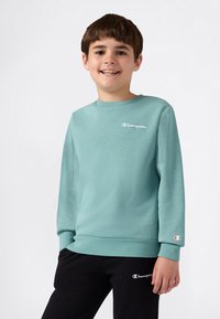 Un garçon souriant, portant un sweat à capuche teal et un pantalon noir avec des logos Champion, se tenant devant un fond blanc uni.