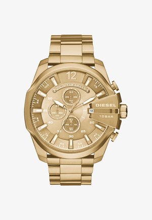 Goldene Diesel-Armbanduhr mit Chronographen-Zifferblättern, markanten Markierungen, Datumsanzeige und dem Schriftzug "Only The Brave" auf dem Zifferblatt, Metallgliederband.