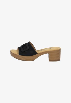 Black slip-on sandal with a wide strap featuring a rectangular buckle, wooden platform, and a block heel with a ribbed texture.
