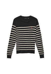 Maglione a righe nere e crema con maniche lunghe, scollatura rotonda e un piccolo simbolo a forma di cuore rosso sul petto. Realizzato in morbido materiale lavorato a maglia.