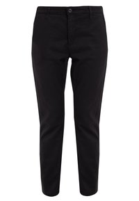 Černé kalhoty z bavlny s úzkým střihem, zapínání vpředu na knoflíky, pět kapes a hladkou texturou. Klasický design s minimálními detaily.