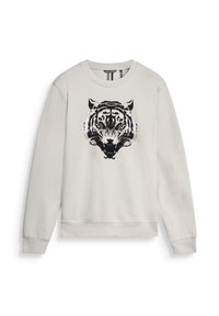 Sudadera gris claro con un gráfico de un tigre en blanco y negro en la parte frontal. Cuenta con puños y dobladillo acanalados, hecha de una tela suave.