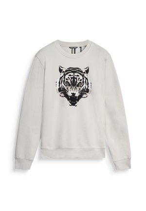 Sudadera gris claro con un gráfico de un tigre en blanco y negro en la parte frontal. Cuenta con puños y dobladillo acanalados, hecha de una tela suave.