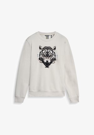 Sudadera gris claro con un gráfico de un tigre en blanco y negro en la parte frontal. Cuenta con puños y dobladillo acanalados, hecha de una tela suave.