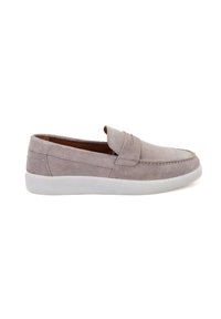 Graue Wildleder-Slipper mit gepolstertem Obermaterial, Gummisohle und Nähdetails. Verfügt über eine glatte Oberfläche und ein minimalistisches Design.