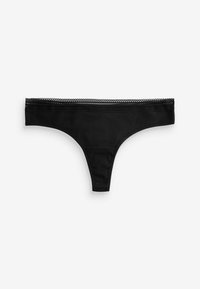 String noir avec une texture lisse, comportant une bordure en dentelle à la taille. Design minimaliste avec une taille basse.