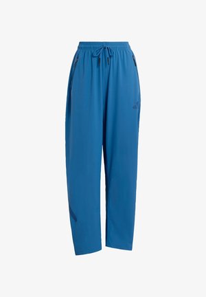 Blaue, leichte Hose mit elastischem Bund, Kordelzug, Seitentaschen und dezenten Akzentdesigns an den Beinen.