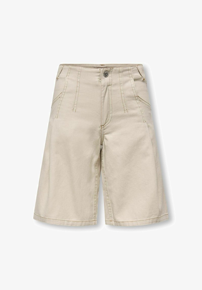 Shorts beige taille haute longueur genou avec poches avant, fermeture à boutons et surpiqûres visibles sur fond blanc.