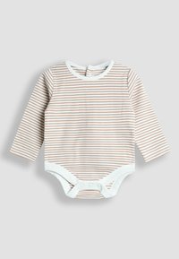 Langarm-Bodysuit in Creme mit dünnen beigen Streifen. Verfügt über einen Rundhalsausschnitt mit weißem Besatz und Druckknopfverschlüssen am Boden für ein einfaches Ankleiden.