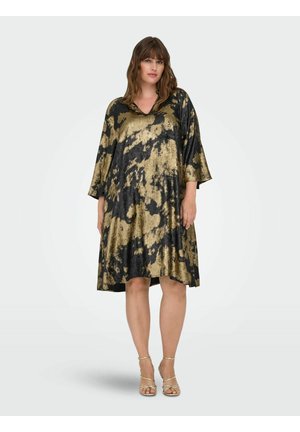 Robe métallique noire et dorée avec une coupe ample, décolleté en V, manches trois-quarts et motif abstrait ; tombe au-dessus des genoux.