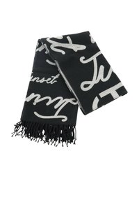 Sciarpa nera in tessuto morbido con testo argentato in carattere corsivo, rifinita con un bordo sfrangiato per aggiungere texture e dettaglio.