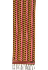 Sciarpa tessuta con un motivo a corda nei colori marrone, beige e rosa, con frange alle estremità. Accentuata da strisce rosa lungo i bordi. Texture morbida.