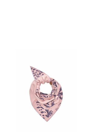 Pink and purple patterned silk scarf folded in a loose knot with one pointed end visible on a white background.