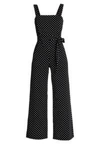 Svart jumpsuit med prickar, fyrkantig halsringning, vida ben och knytdetalj i midjan. Tillverkad av lätt fabric med en slät textur.