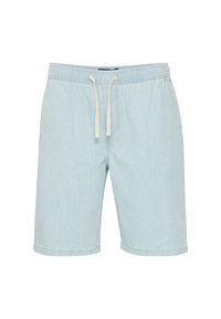 Lys blå shorts laget av mykt stoff, med elastisk midjebånd, hvit snor og en enkel hemdesign.